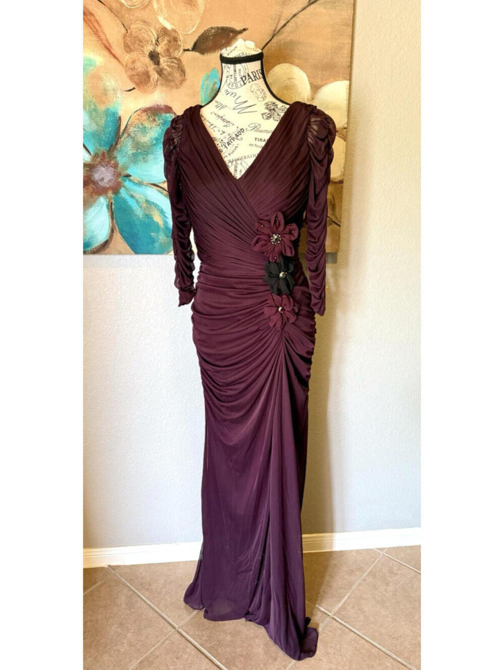Adrianna Papell Purple Beaded Mesh Ruched Waist Evening Gown Women’s Size 4 - Picture 3 of 16